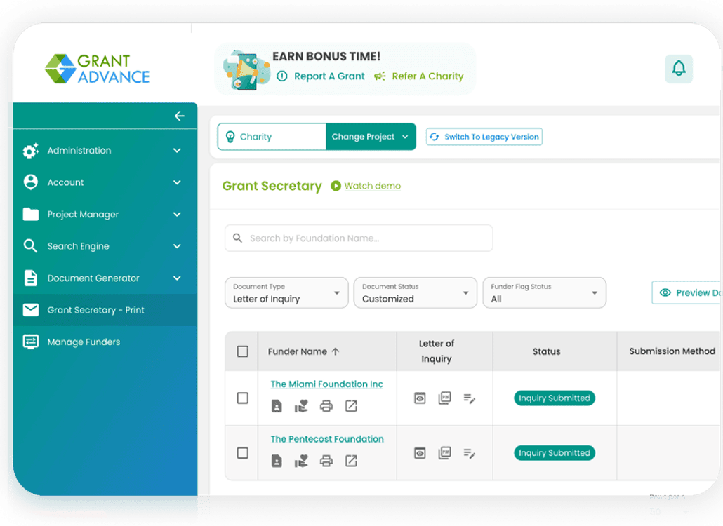 Project Management User Interface For Grant Advance